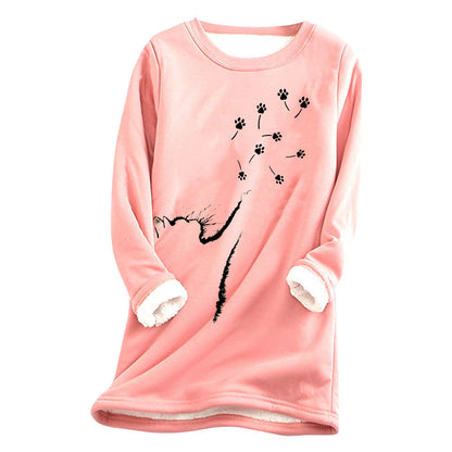 Womens Cat-Paw Print Fluffy Crew-Neck Sweatshirt