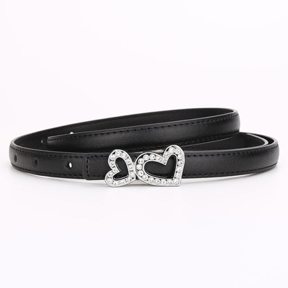 Genuine Cowhide Women's Slim Belt - Heart Shape Rhinestone Decorated Thin Waist Strap for Dress