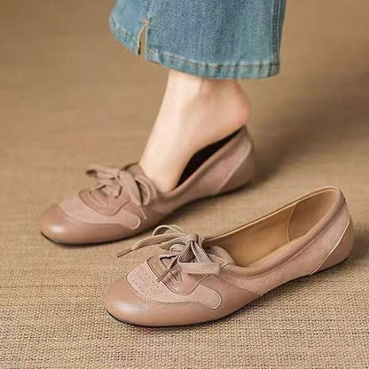 Women Vintage Retro Ribbon Lace-Up Suede Patchwork Ballet Flats, Round Toe Perforated Soft Leather Foldable Comfy Slip On Elegant Casual Daily