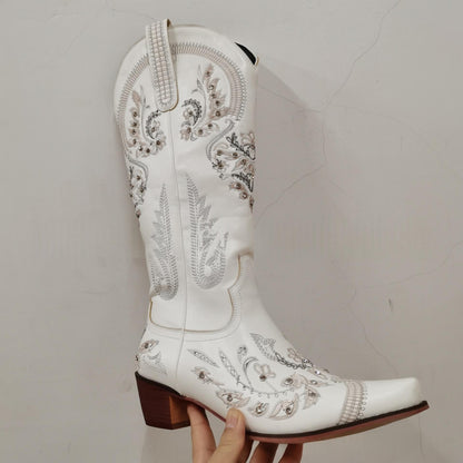 Womens Embroidered Rhinestone Chunky High-Heel Boots