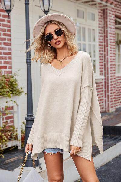 Slit V-Neck Dropped Shoulder Sweater for Effortless Style