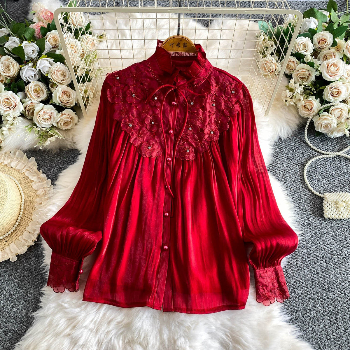 Womens Solid-color Intricately Beaded Three-dimensional Floral Ruffle-neck Blouse