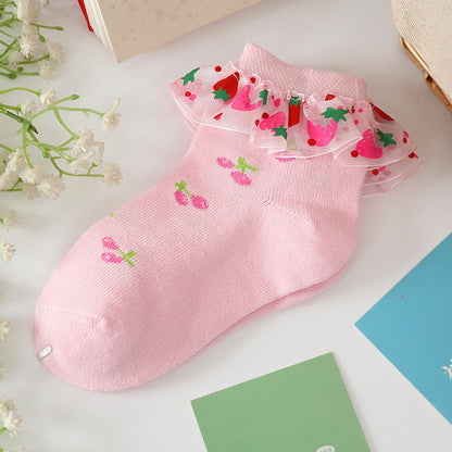 Strawberry Socks Girls Lace Socks Cotton  Children