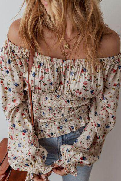Ruched Printed Scoop Neck Long Sleeve Blouse for Women
