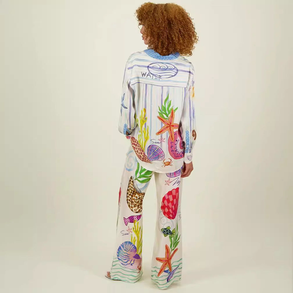 Satin Printed Graffiti Casual Shirt and Trousers Set