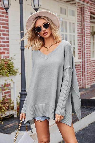 Slit V-Neck Dropped Shoulder Sweater for Effortless Style