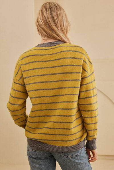 Flower Stripe Round Neck Long Sleeve Sweater for Women