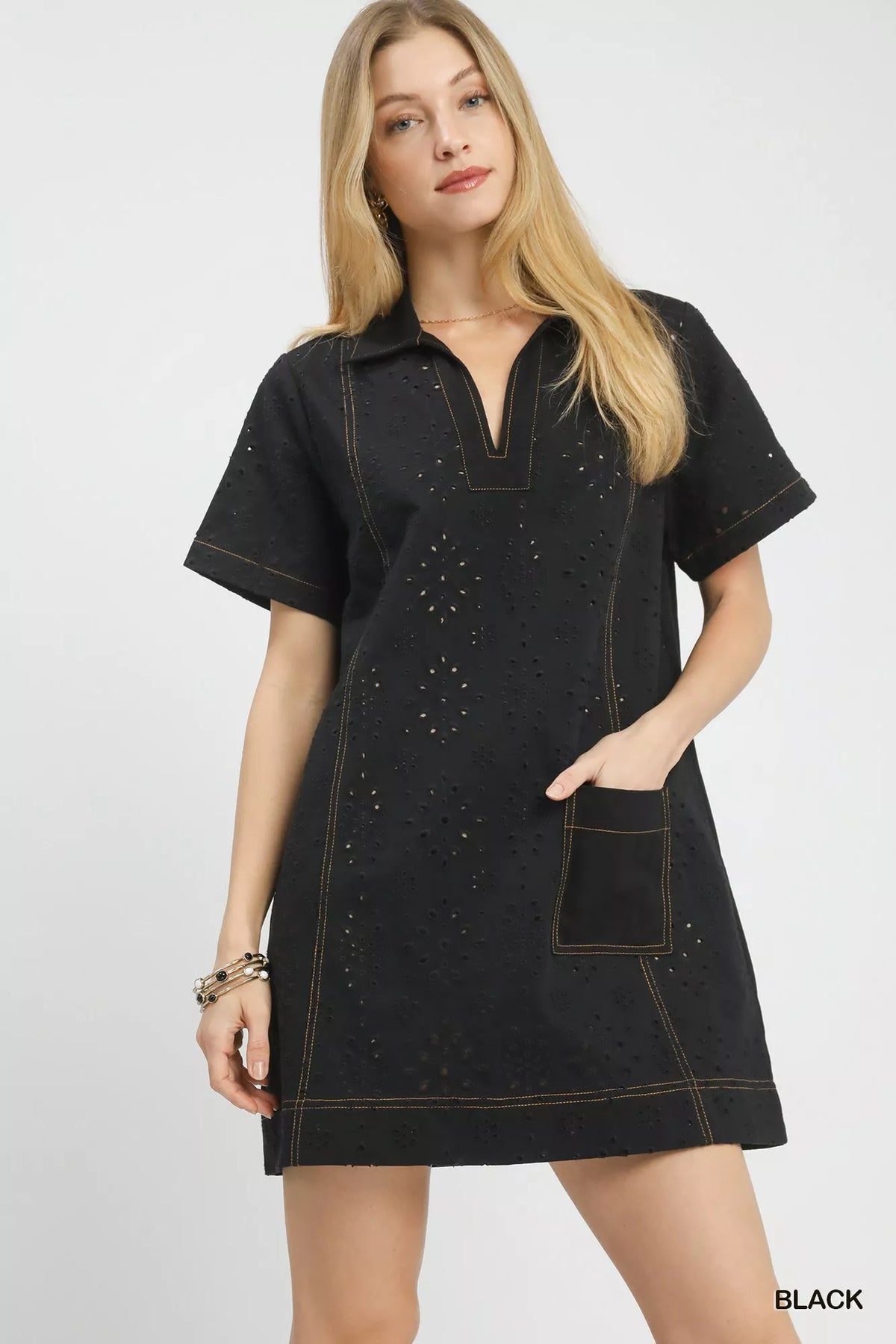 Umgee Eyelet Short Sleeve Shift Dress with Pocket