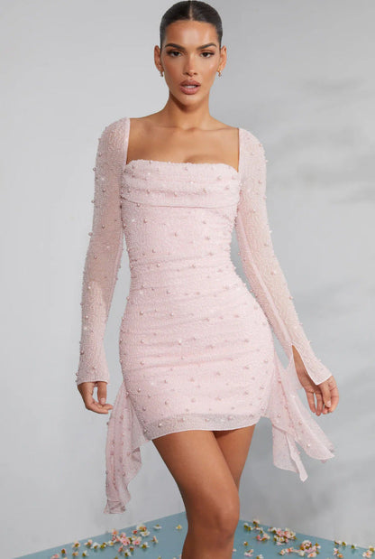 Womens Solid-color Sequined Beaded Square-neckline Waist-cinching Dress