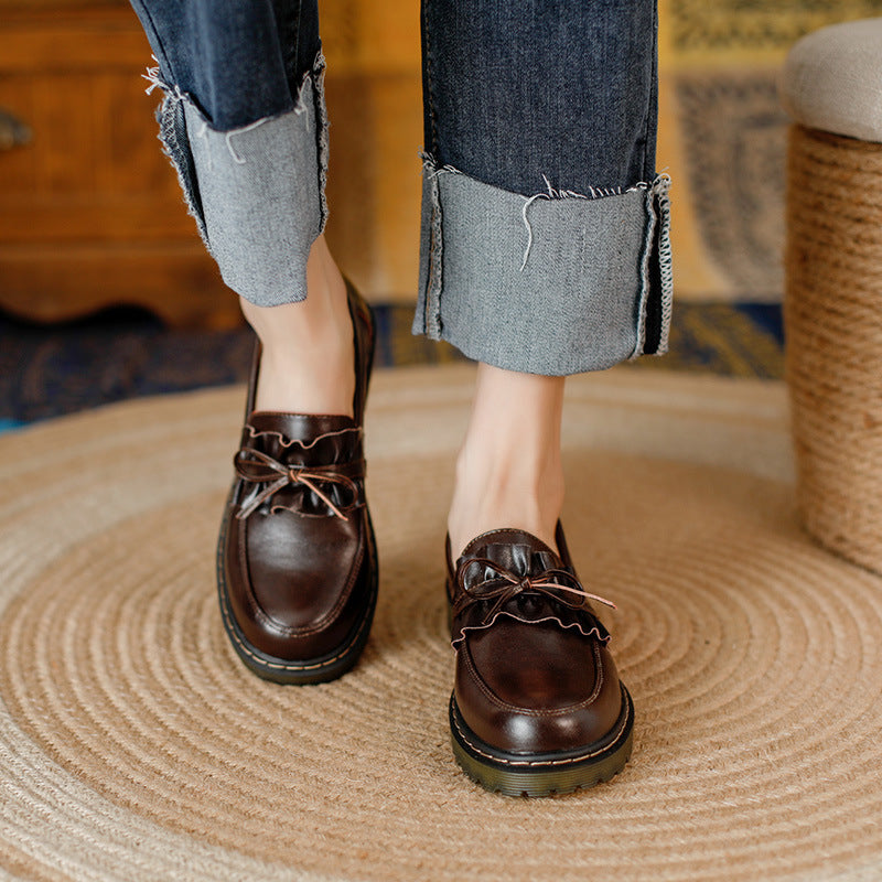 British Style Round Head Chunky Heel Small Leather Shoes For Women