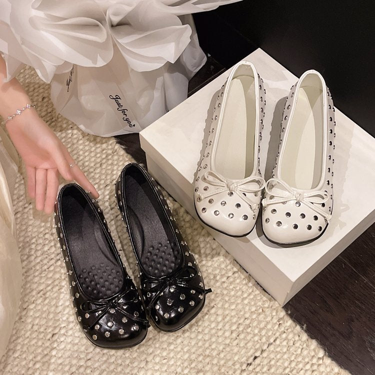 New Summer Rivet Bow Mary Jane Shoes Slip On Inner Heightening Ballet Flats For Women