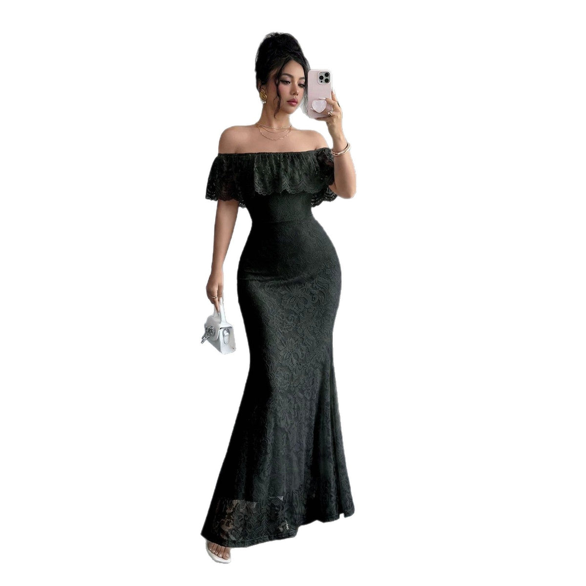 Autumn Elegant Off-shoulder Lace-panel Dress With A Flounced Hem
