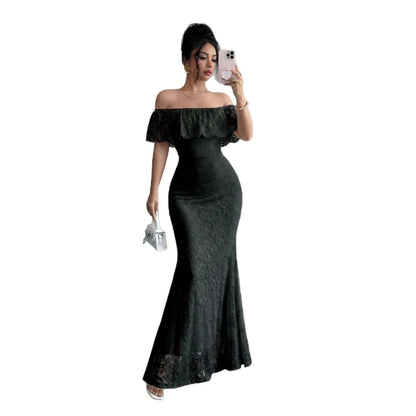 Autumn Elegant Off-shoulder Lace-panel Dress With A Flounced Hem