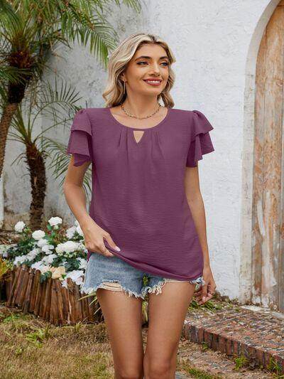 Cutout Round Neck Short Sleeve Blouse for Women Fashion