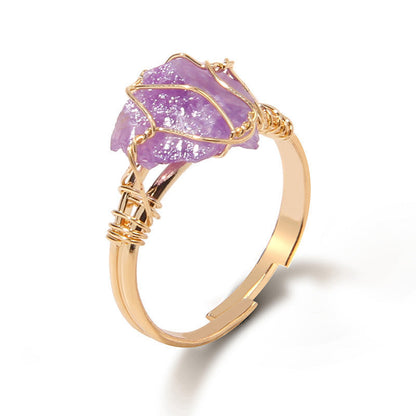 Irregular Natural Stone Amethyst Wrapped Ring