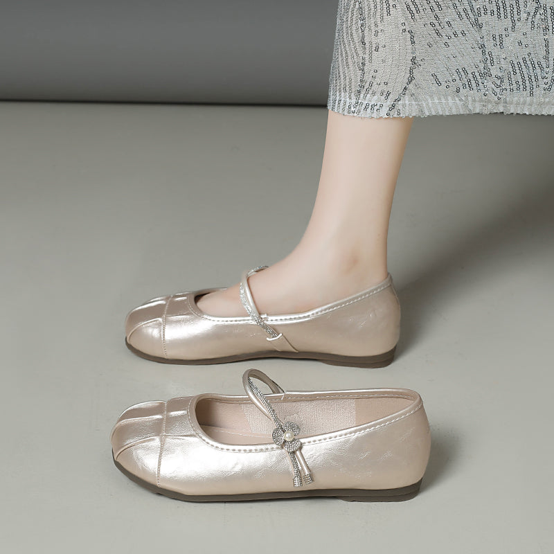 Women Elegant Tiny Rhinestone Flower Thin Single Strap Flats, Round Toe Shiny Metallic Soft PU Matching Casual Daily Doll