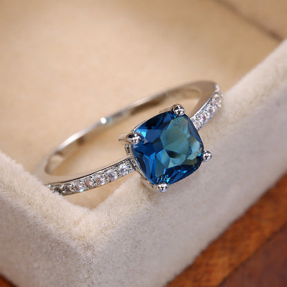 Micro-paved Zircon Royal Blue Square-cut Ring For Women