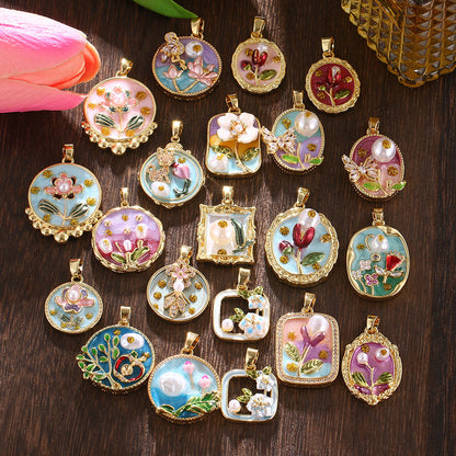 Floral-Painted Dripped-Glaze Universal-Clip Necklace DIY Pendant