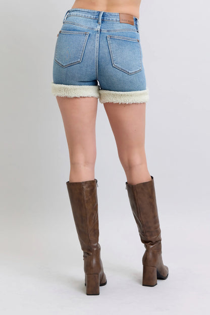 Judy Blue Full Size Hw Tummy Control Shearling Cuff Denim Shorts Plus Size