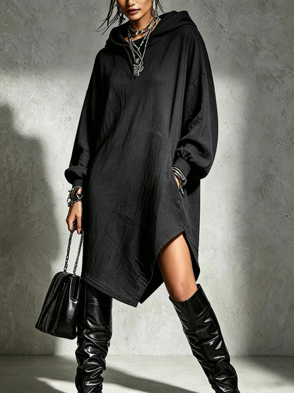 Womens Solid-Color Irregular Side-Slit Hooded Sweatshirt Dress