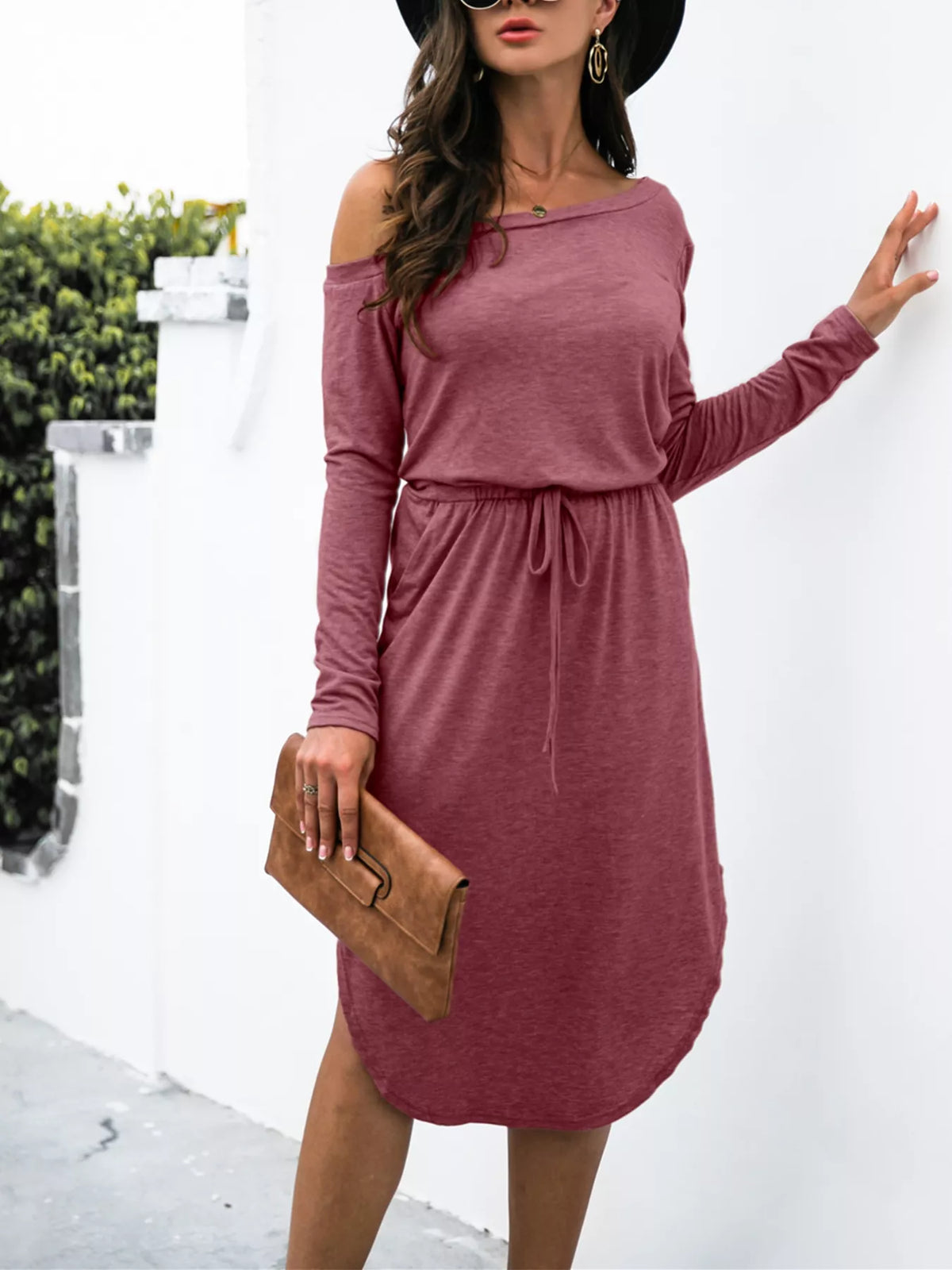 One-Shoulder Long Sleeve Midi Dress with Drawstring Waist