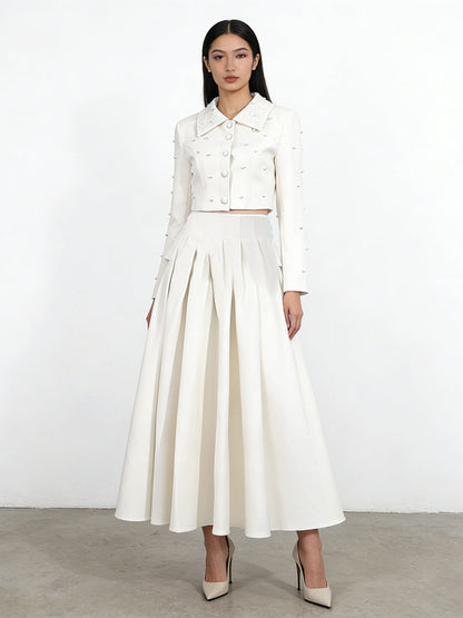 Pearl Embellished Cropped Jacket & Pleated Midi Skirt Two-Piece Set