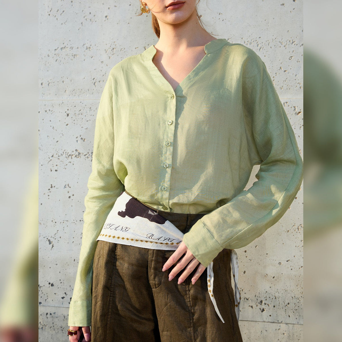 Ramie V-Neck Long Sleeve Blouse