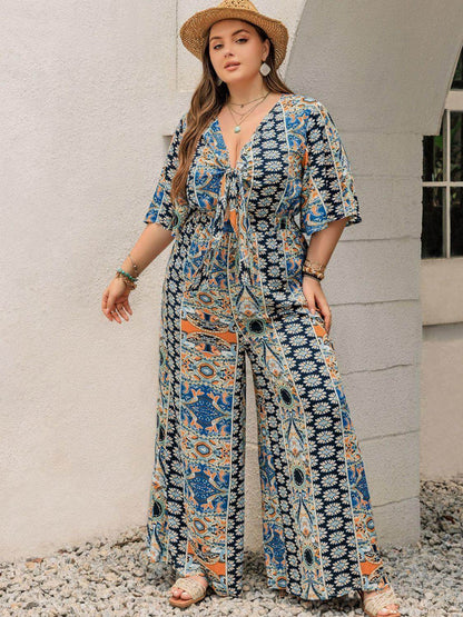 Plus Size Printed Half Sleeve Wide Leg Jumpsuit for Women