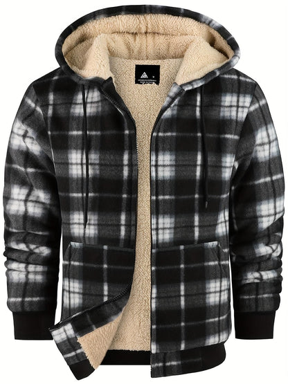 Men's Plaid Print Hooded Zip-Up Jacket Winter Thickened Cotton-padded Coat Warm Clothing