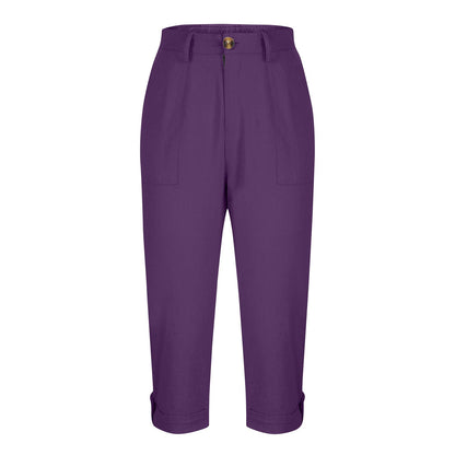 Womens Solid-color Buttoned Roll-up Capri Pants