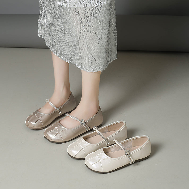 Women Elegant Tiny Rhinestone Flower Thin Single Strap Flats, Round Toe Shiny Metallic Soft PU Matching Casual Daily Doll