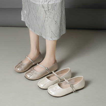 Women Elegant Tiny Rhinestone Flower Thin Single Strap Flats, Round Toe Shiny Metallic Soft PU Matching Casual Daily Doll