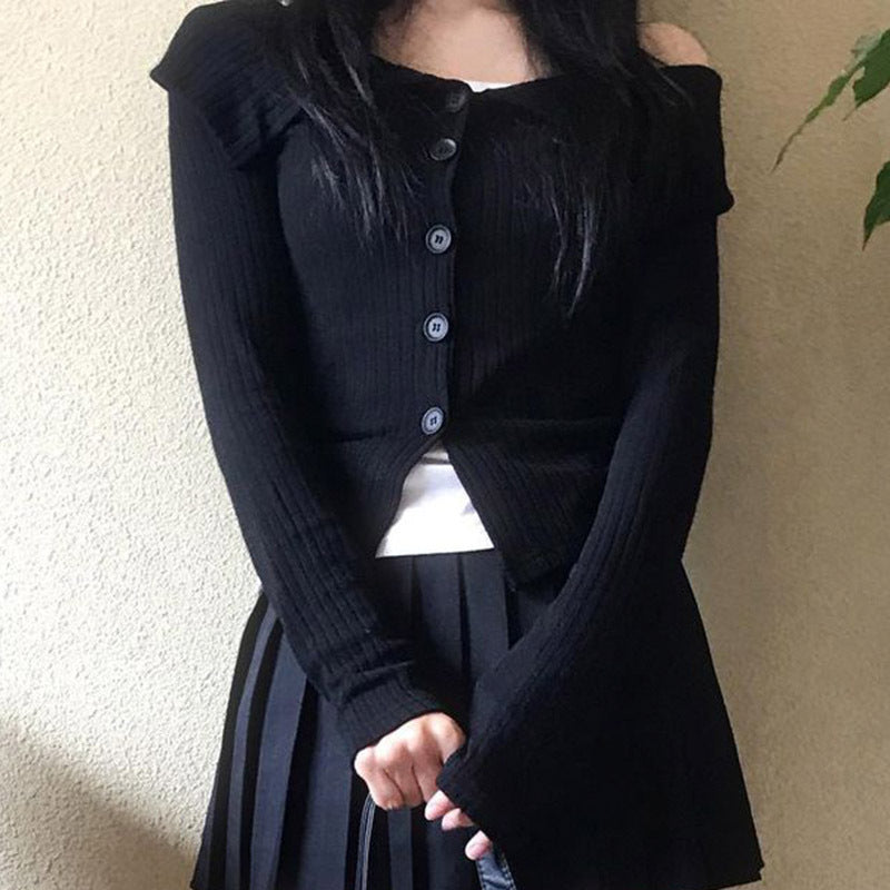 Off-Shoulder Knitted Lapel Cardigan