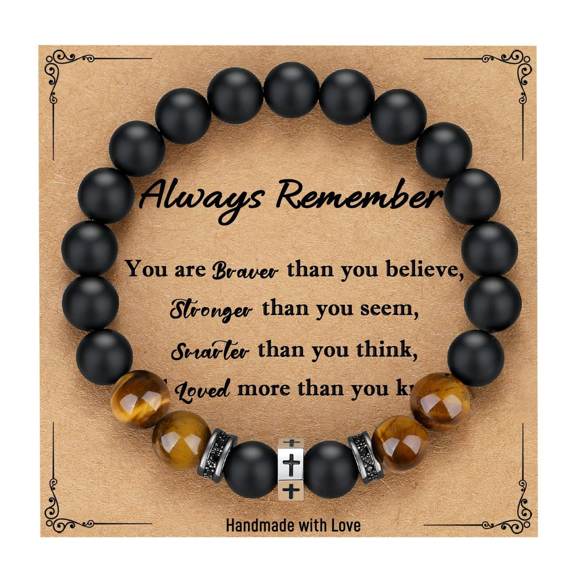 Tigers Eye Stone And Stainless Steel Cross Beaded Bracelet