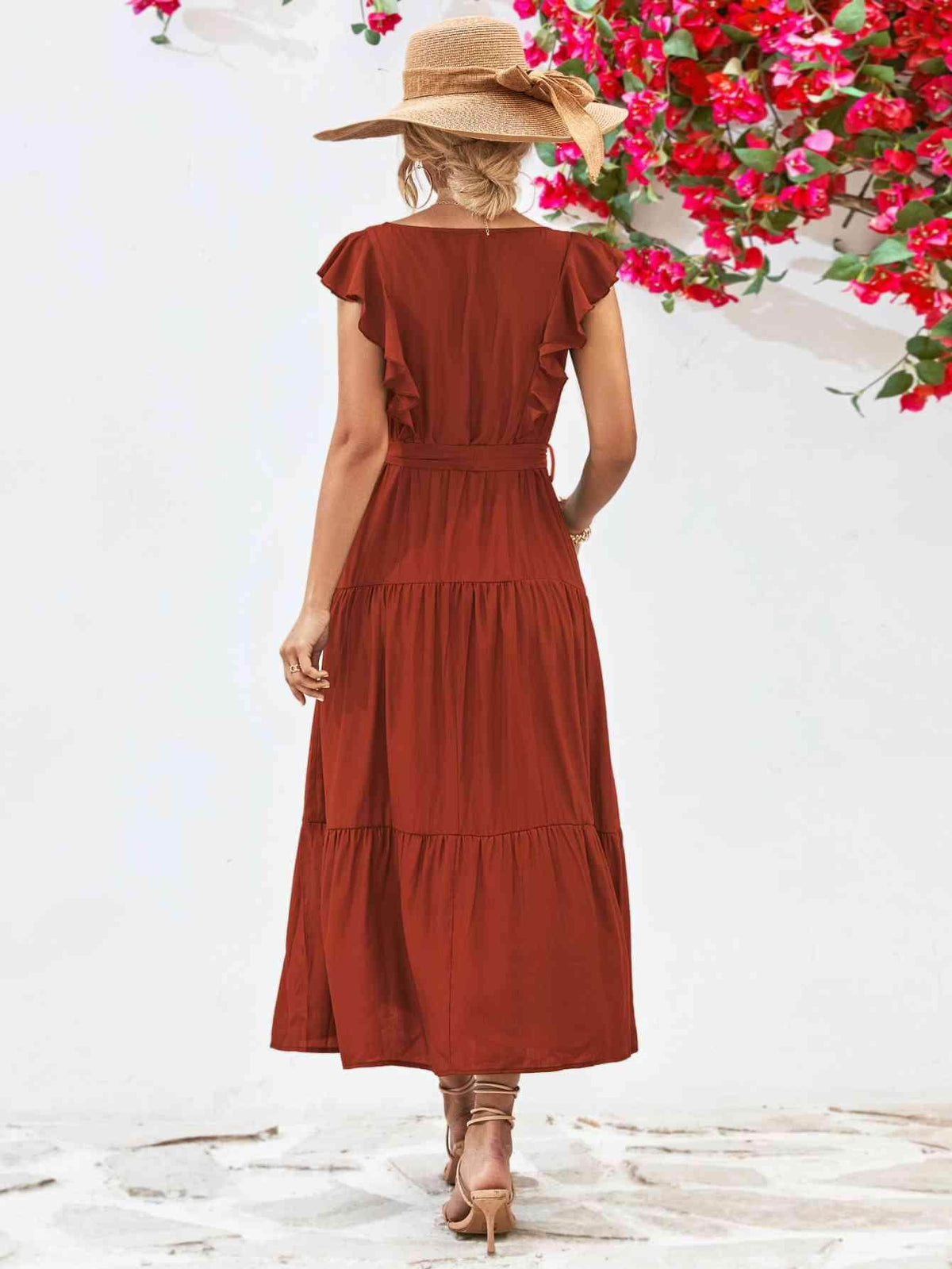 Tie Belt Ruffled Tiered Dress for Chic Midi Style
