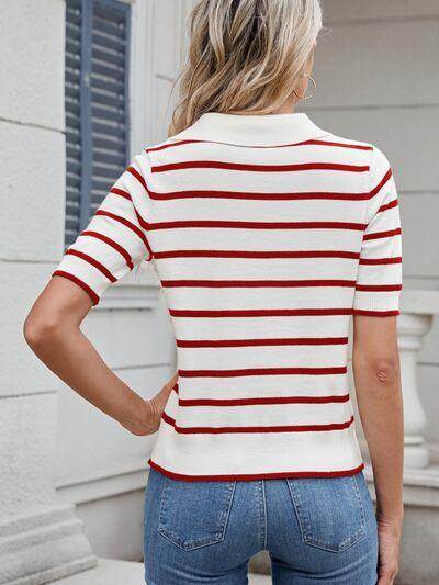 Striped Johnny Collar Short Sleeve Sweater for Women