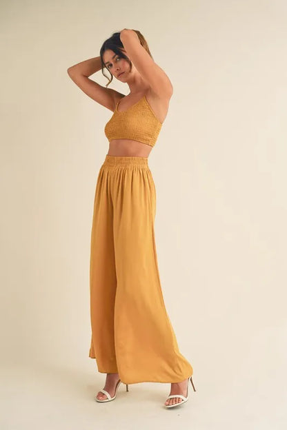 MABLE Smocked Bralette Crop Top and Wide Leg Pants Set
