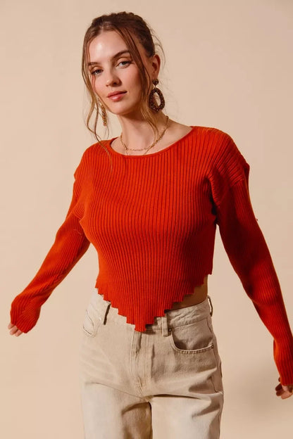 SO ME Rib Knitted Crop Sweater Top With Shaped Hem