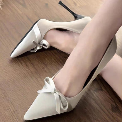 Women Pointed Toe Stiletto Heel Satin Pumps Bow Decor Elegant Wedding Dress High Heels
