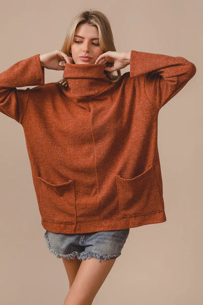 BiBi Piper Rib Double Pocket Turtle Neck Sweater