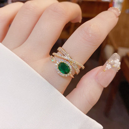 Korean Style New Entry Luxury Heavy Industry High Texture Emerald Crystal Ring Ins Trendy Adjustable Opening Ring Ring