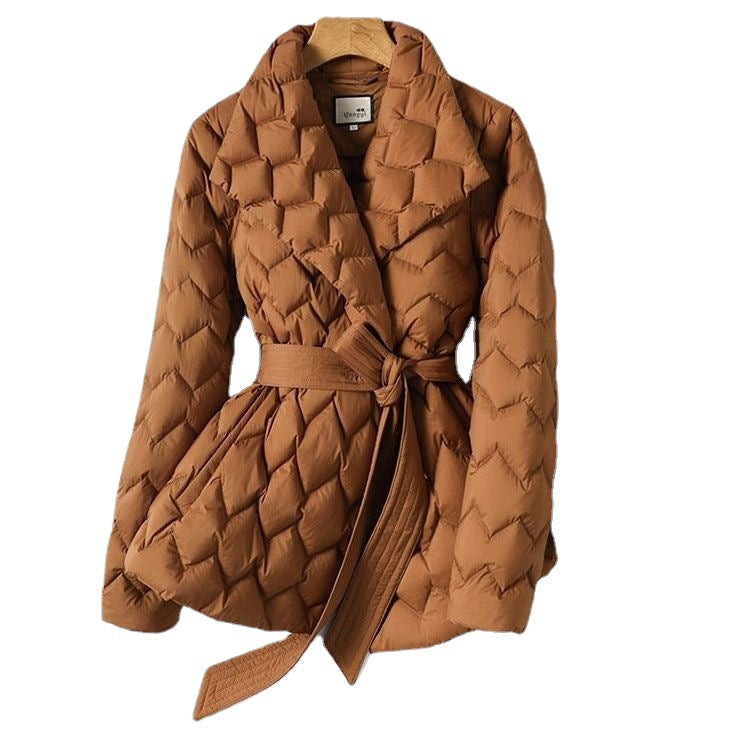 Winter Ripple-stitching Jacket With Belt Fashion Warm Pockets Lapel Coat Women's Temperament Lightweight Outwear Clothing