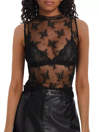 Lace Mock Neck Top for Women in Sheer Polyester Style