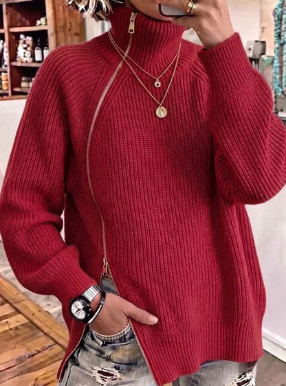 Solid-color Turtleneck Long-sleeve Loose-fit Knit Top With A Side Zipper