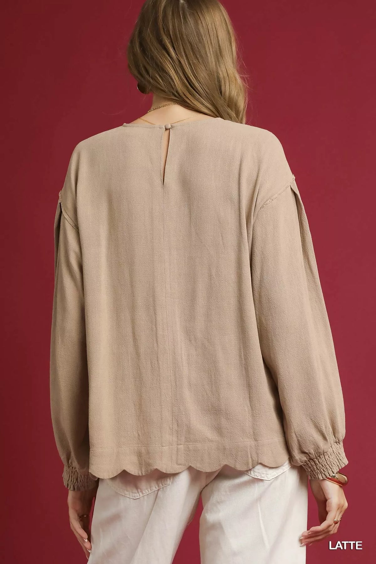 Umgee Linen Scallop Hem Long Sleeve Blouse