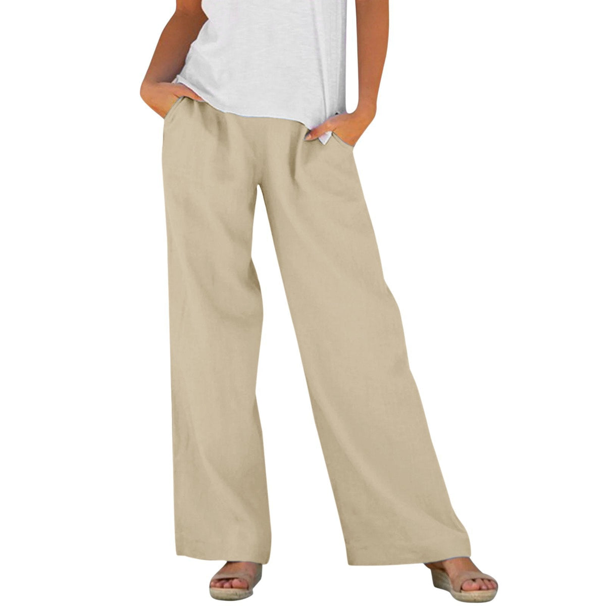Solid-color Loose-fitting Elastic-waist Wide-leg Casual Pants