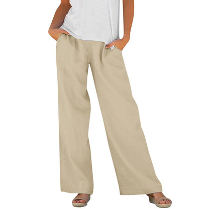 Solid-color Loose-fitting Elastic-waist Wide-leg Casual Pants