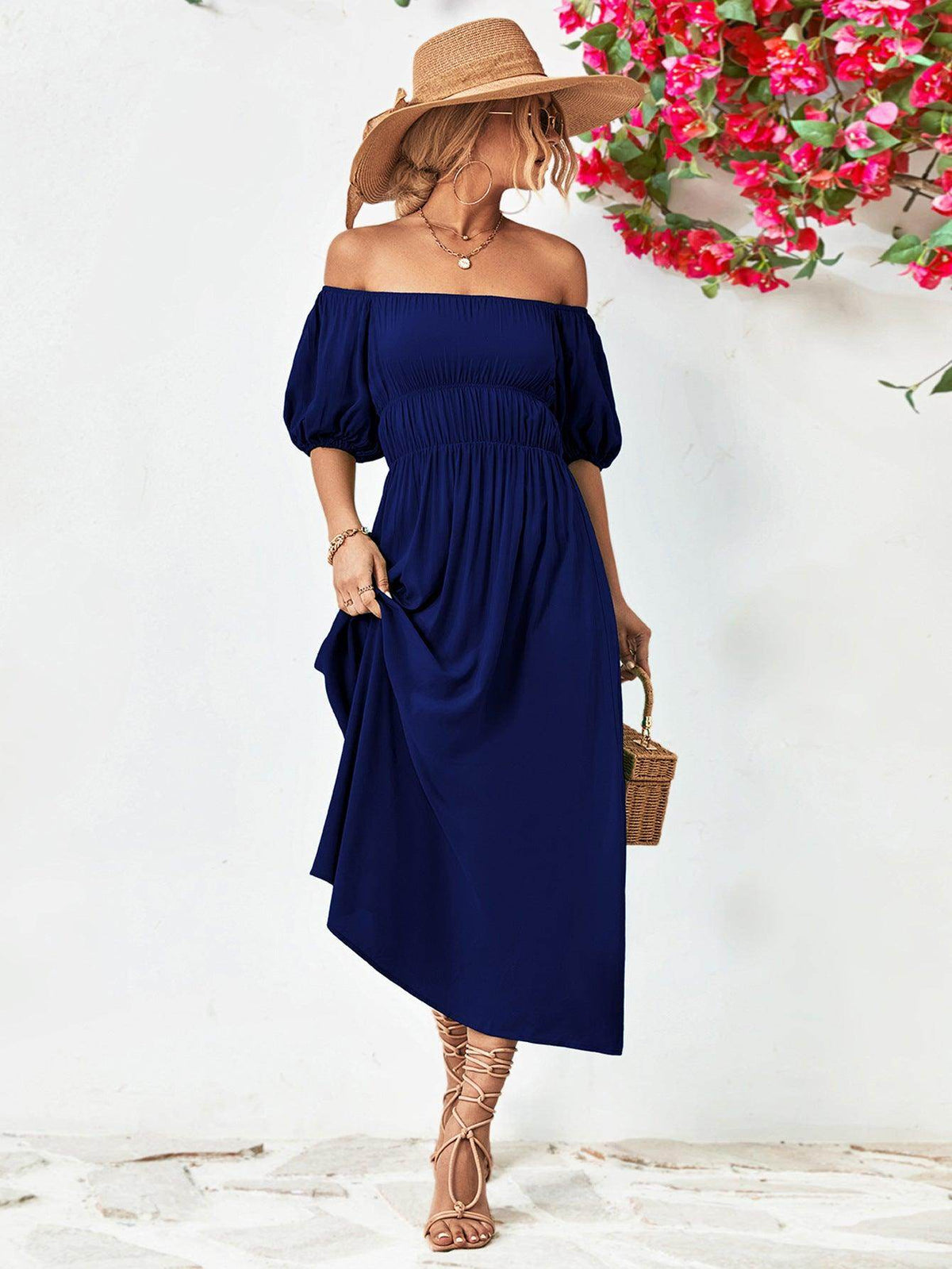 Off-Shoulder Balloon Sleeve Midi Dress for Chic Style