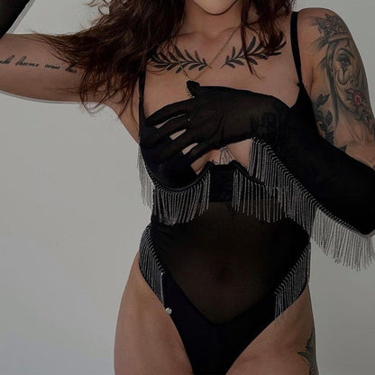 Body Shaping Sling Fashion Draping Tassel Gloves Jumpsuit Suit
