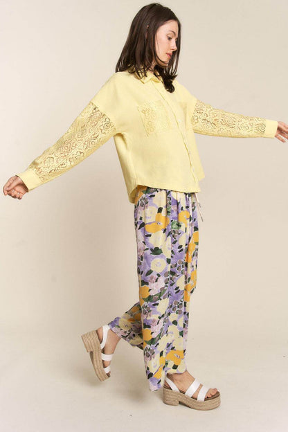 J.NNA Button Down Lace Long Sleeve Waffle Shirt for Women